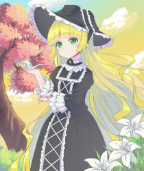 Rule 34 | 1girl, absurdres, blonde hair, chin strap, day, dress, easter lily, fall, flower, gosick, gothic lolita, green eyes, hat, highres, holding, holding smoking pipe, l4no, lily (flower), lolita fashion, long hair, looking at viewer, sky, smoking pipe, solo, tree, victorica de blois, white flower