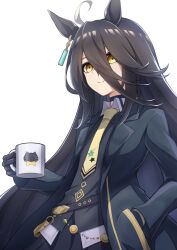 Rule 34 | 1girl, ahoge, animal ears, black gloves, black hair, black jacket, closed mouth, coffee mug, commentary request, cup, earrings, gloves, hair between eyes, hand in pocket, highres, holding, holding cup, horse ears, horse girl, jacket, jewelry, long hair, looking at viewer, manhattan cafe (umamusume), mug, multicolored hair, necktie, revision, ruisuke, simple background, single earring, smile, solo, streaked hair, umamusume, very long hair, white background, yellow eyes, yellow necktie