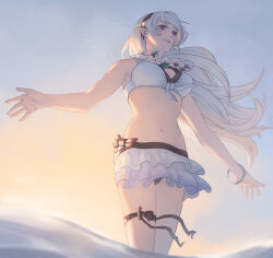 Rule 34 | 1girl, anklet, bikini, bikini skirt, black bow, bow, breasts, cleavage, corrin (female) (fire emblem), corrin (female) (summer) (fire emblem), corrin (fire emblem), d0o00o0b, fire emblem, fire emblem fates, fire emblem heroes, flower, flower necklace, front-tie top, hair flower, hair ornament, hairband, jewelry, long hair, looking to the side, medium breasts, microskirt, navel, necklace, nintendo, official alternate costume, partially submerged, pointy ears, red eyes, skirt, smile, solo, swimsuit, thigh strap, white bikini, white hair