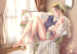 Rule 34 | 1girl, bare shoulders, barefoot, beer can, black cat, blue eyes, brown hair, can, cat, chair, curtains, drink can, full body, hair ornament, indoors, jiao, lamp, looking at viewer, medium hair, mirror, nude, original, sitting