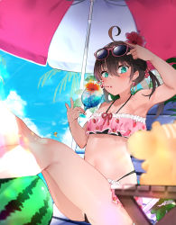Rule 34 | 1girl, absurdres, ahoge, aqua eyes, armpits, bare arms, bare legs, beach, beach umbrella, bendy straw, bikini, blue sky, blush, breasts, brown hair, cleavage, cloud, commentary request, crazy straw, day, drinking, drinking straw, drinking straw in mouth, earrings, ebi frion (natsuiro matsuri), eyewear on head, flower, food, food-themed earrings, food print, food themed earrings, frilled bikini, frills, fruit, hair between eyes, hair flower, hair ornament, heart straw, highres, hololive, jewelry, low twintails, medium hair, natsuiro matsuri, navel, orchid, outdoors, palm tree, r10c, shadow, sitting, sky, small breasts, solo, stomach, strawberry earrings, strawberry print, sunlight, swimsuit, tree, tropical drink, twintails, umbrella, virtual youtuber, watermelon