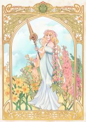 Rule 34 | 1girl, alternate costume, art nouveau, artist name, bare arms, bare shoulders, blonde hair, blue sky, blunt bangs, border, braid, breasts, cloud, crests (fire emblem), daffodil, day, dress, fire emblem, fire emblem: three houses, flower, green eyes, hair flower, hair ornament, head wreath, highres, holding, holding polearm, holding weapon, hollyhock, ingrid brandl galatea, long dress, long hair, looking away, looking up, luin (fire emblem), medium breasts, nintendo, outdoors, parted lips, pink flower, pink lips, polearm, sash, sidelocks, single braid, single strap, sky, smile, solo, spear, standing, twitter username, very long hair, weapon, white dress, yellow flower, yuu (snowytowns)