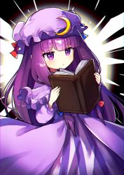 Rule 34 | 1girl, absurdres, book, crescent, crescent hat ornament, dress, hat, hat ornament, highres, holding, holding book, long hair, mob cap, offbeat, patchouli knowledge, purple dress, purple eyes, purple hair, purple hat, reading, solo, touhou, very long hair