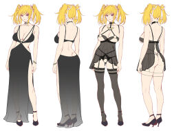 Rule 34 | 1girl, alternate costume, ass, bare shoulders, black dress, blonde hair, blue eyes, blush, bracelet, breasts, butt crack, character sheet, choker, cleavage, closed mouth, collarbone, covered navel, crotchless, crotchless panties, curvy, dress, full body, garter straps, high heels, jewelry, large breasts, long hair, looking at viewer, no pussy, o-ring, official alternate costume, official art, panties, pointy ears, shinganji kurenai, shiny skin, short twintails, side slit, simple background, sleeveless, smile, solo, standing, taimanin (series), taimanin kurenai, taimanin rpgx, thighs, twintails, underwear, underwear only, white background, wide hips, zol