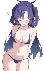 Rule 34 | 1girl, anger vein, arms behind back, bikini, blue archive, blush, breasts, closed eyes, collarbone, halo, highres, long hair, medium breasts, navel, open mouth, purple hair, simple background, solo, swimsuit, thigh gap, tsubaki 0317, two side up, v-shaped eyebrows, very long hair, white background, yuuka (blue archive)