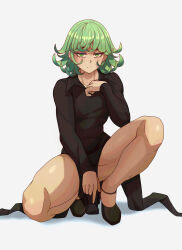 Rule 34 | 1girl, absurdres, black dress, black footwear, closed mouth, curly hair, dress, full body, green eyes, green hair, grey background, high heels, highres, legs, lixiart, long sleeves, looking at viewer, matching hair/eyes, one-punch man, short hair, simple background, solo, spread legs, squatting, tatsumaki