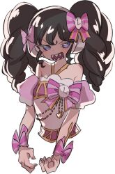 Rule 34 | 1girl, angry, bare shoulders, black hair, blue eyes, bow, clock, cropped torso, detached sleeves, gaaruru (pripara), hair bow, headphones, highres, idol clothes, long hair, looking at viewer, open mouth, pink bow, pretty series, pripara, puffy detached sleeves, puffy sleeves, ritsu (roboroboro), sharp teeth, sidelocks, simple background, solo, teeth, twintails, upper body, v-shaped eyebrows, white background, wrist bow