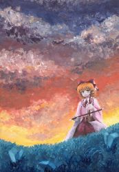 Rule 34 | 1girl, bow, brooch, cloud, cloudy sky, commentary request, dress, erhu, grass, green eyes, hair bow, jewelry, kitsuzue mika, layered dress, leaf, long sleeves, orange hair, parted lips, satsuki rin, short hair, sitting, sky, solo, touhou, twilight, wide sleeves