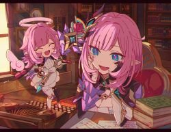 Rule 34 | 2girls, :d, ^ ^, birthday, black gloves, blue eyes, book, bookshelf, breasts, chair, cleavage, closed eyes, elf elysia, elysia (honkai impact), elysia (miss pink elf) (honkai impact), gloves, halo, hand on own cheek, hand on own face, happy, holding, holding staff, holding weapon, honkai (series), honkai impact 3rd, indoors, looking at viewer, medium breasts, multiple girls, nail polish, open mouth, paper, papipiko, pink nails, pink pupils, pink wings, pointy ears, single glove, sitting, smile, staff, typewriter, weapon, white gloves, window, wings