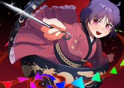 Rule 34 | 1girl, :d, absurdres, ahoge, bowl, bowl hat, commentary request, hat, highres, holding, holding weapon, japanese clothes, kimono, looking at viewer, needle sword, open mouth, pink eyes, purple hair, red kimono, sash, short hair, smile, solo, sukuna shinmyoumaru, teeth, touhou, upper teeth only, urizaku3, weapon