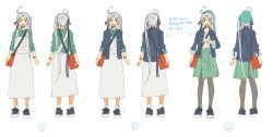 Rule 34 | 1girl, ahoge, akitsushima (kancolle), bag, beret, black footwear, black pantyhose, commentary request, denim, denim jacket, green eyes, green headwear, green skirt, green sweater, grey hair, hair ornament, hat, jacket, kantai collection, kusakabe (kusakabeworks), long hair, looking at viewer, looking away, multiple views, overall skirt, overalls, pantyhose, shoes, side ponytail, simple background, skirt, sneakers, standing, sweater, white background