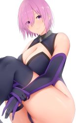 Rule 34 | 1girl, arind yudha, bare shoulders, black leotard, black thighhighs, breasts, cleavage, cleavage cutout, clothing cutout, collar, elbow gloves, fate/grand order, fate (series), gloves, hair over one eye, highleg, highleg leotard, highres, knees up, large breasts, leotard, light purple hair, looking at viewer, mash kyrielight, metal collar, purple eyes, purple gloves, short hair, sitting, smile, solo, thigh strap, thighhighs, thighs