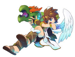 Rule 34 | 1boy, angel, angel wings, arm cannon, bike shorts, blue eyes, brown hair, full body, kid icarus, kid icarus uprising, laurel crown, nintendo, open mouth, pit (kid icarus), scarf, simple background, solo, suno (imydream), v-shaped eyebrows, weapon, white background, white scarf, wings