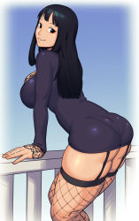 Rule 34 | 1girl, ass, black dress, black eyes, black hair, breasts, dress, dyun, fishnet thighhighs, fishnets, garter straps, highres, large breasts, leaning forward, long hair, long sleeves, looking at viewer, looking back, nico robin, one piece, short dress, smile, solo, standing, thick thighs, thighhighs, thighs