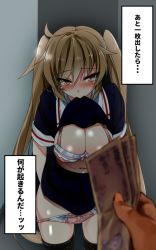Rule 34 | 10s, 1girl, :&gt;, ahoge, black skirt, blush, bra, breasts, brown eyes, cleavage, clothes lift, collar, kantai collection, large breasts, lifted by self, long hair, looking at viewer, md5 mismatch, midriff, money, mouth hold, mtu (orewamuzituda), mtu virus, multiple views, murasame (kancolle), navel, nose blush, orange eyes, panties, panty pull, pink panties, pleated skirt, polka dot, polka dot panties, pov, pov hands, resized, resolution mismatch, school uniform, serafuku, shirt lift, short sleeves, skirt, skirt lift, sleeve cuffs, solo focus, source larger, stomach, text focus, thigh strap, thighhighs, twintails, underwear, very long hair, zettai ryouiki