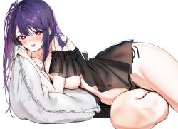 Rule 34 | 1girl, black nightgown, black panties, blush, breast press, breasts, commentary, hoshino ai (oshi no ko), large breasts, long hair, multicolored hair, navel, nightgown, one side up, oshi no ko, panties, pillow, poharo, purple eyes, purple hair, see-through, sideboob, simple background, solo, streaked hair, thighs, tongue, tongue out, underwear, white background