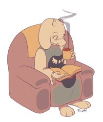 Rule 34 | 1girl, armchair, bad id, bad pixiv id, book, chair, cup, dress, furry, furry female, goat horns, holding, holding cup, horns, monster girl, open book, sitting, solo, steam, tabard, temmie chang, toriel, undertale, white background