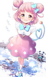 Rule 34 | 1girl, blue bow, blue footwear, blunt bangs, blush, bow, breasts, double bun, earrings, from above, hair bow, hair bun, heart, heart tail, highres, jewelry, kiracchu (pri chan), kiratto pri chan, looking at viewer, medium breasts, mouse tail, open mouth, pink hair, pink skirt, pretty series, puddle, puffy short sleeves, puffy sleeves, reflection, shirt, shoes, short hair, short sleeves, skirt, smile, solo, standing, star (symbol), star earrings, star print, tail, tokunou shoutarou, white shirt, yellow eyes
