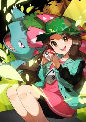 Rule 34 | 1girl, :d, absurdres, blush, brown eyes, brown hair, buttons, camouflage, camouflage headwear, commentary request, creatures (company), eyelashes, game freak, gen 1 pokemon, green jacket, hat, highres, holding, holding poke ball, jacket, knees, leaf (pokemon), leaf (sygna suit) (pokemon), legs together, long hair, nintendo, official alternate costume, open mouth, poke ball, poke ball (basic), pokemon, pokemon (creature), pokemon masters ex, smile, taisa (lovemokunae), teeth, tongue, venusaur