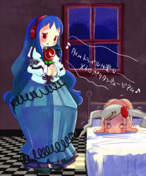 Rule 34 | 2girls, :&lt;, bad id, bad pixiv id, bed, bedroom, blue hair, covering own ears, harepore, headphones, indoors, long hair, multiple girls, music, night, o o, own hands clasped, own hands together, parody, red eyes, rozen maiden, silver hair, singing, trembling, twintails, vocaloid, window