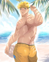 Rule 34 | 1boy, :o, ass, back, ball, bara, beach, blonde hair, cloud, cowboy shot, day, from behind, granblue fantasy, green eyes, highres, holding, holding ball, large pectorals, looking at viewer, looking back, male focus, male swimwear, migi (mm86262394), muscular, muscular male, nipples, outdoors, pectorals, short hair, sky, solo, swim trunks, swimsuit, topless male, vane (granblue fantasy), volleyball (object), yellow male swimwear