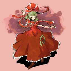 Rule 34 | 1girl, arm ribbon, brown background, closed eyes, closed mouth, commentary, dress, english commentary, frilled skirt, frills, front ponytail, full body, green hair, highres, kagiyama hina, medium hair, oysterfried, red dress, red ribbon, ribbon, short sleeves, simple background, skirt, smile, solo, touhou