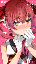 Rule 34 | absurdres, blush, closed mouth, haru yu, highres, holding, holding own hair, hololive, houshou marine, looking at viewer, red eyes, red hair, sleeveless, twintails, virtual youtuber, yellow eyes
