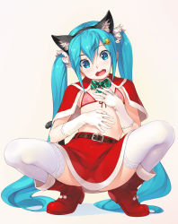 Rule 34 | 1girl, animal ears, bell, belt, blue eyes, blue hair, boots, bra, breasts, cat ears, cat tail, christmas, fake animal ears, gloves, hair bell, hair ornament, hatsune miku, highres, long hair, looking at viewer, navel, nipples, open mouth, pink bra, red footwear, red skirt, skirt, small breasts, solo, squatting, tail, thighhighs, twintails, underwear, very long hair, vocaloid, wacchi, white gloves, white thighhighs