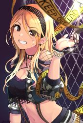 Rule 34 | 1girl, artist name, belt, black eyes, blonde hair, bracelet, breasts, brown hair, camouflage, camouflage jacket, caution tape, choker, cleavage, cropped jacket, cuffs, earrings, fence, fishnet sleeves, fishnets, gradient hair, grin, gyaru, hair between eyes, hairband, handcuffs, highres, idolmaster, idolmaster shiny colors, izumi mei, jacket, jewelry, junshiki, keep out, large breasts, long eyelashes, long hair, looking at viewer, multicolored hair, nail polish, navel, pin, signature, smile, solo, studded belt, studded bracelet, studded choker, tan, tank top