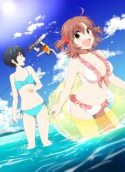 1boy 2girls bikini black_hair blue_bikini blue_sky blush breasts brown_eyes brown_hair cleavage collarbone commentary_request day doumoto_yuuki frilled_bikini frills holding holding_swim_ring innertube kaidou_kasumi kaidou_tetsurou large_breasts looking_at_viewer looking_to_the_side multiple_girls navel ocean open_mouth rivnes saijou_asuka short_hair short_twintails side-tie_bikini_bottom sky small_breasts smile swim_ring swimsuit twintails wading wakeboarding water white_bikini yellow_innertube