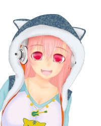 Rule 34 | 1girl, gaixas1, guitar, headphones, highres, hood, instrument, jewelry, long hair, looking at viewer, necklace, nitroplus, no pupils, open mouth, pink eyes, pink hair, simple background, solo, super sonico, upper body, white background