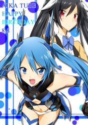 Rule 34 | 2girls, absurdres, bare shoulders, black hair, blue bow, blue bowtie, blue eyes, blue hair, bow, bowtie, character name, collared shirt, dated, dual persona, elbow gloves, gloves, hair between eyes, happy birthday, highres, long hair, looking at viewer, mecha musume, multiple girls, ore twintail ni narimasu, outline, red eyes, shirt, smile, tailblue, thighhighs, tsube aika, twintails, v-shaped eyebrows, white outline, yuto (dialique)