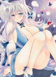 Rule 34 | 1girl, animal ear fluff, animal ears, ass, azur lane, blue butterfly, blue collar, blue dress, blue eyes, breasts, bug, butterfly, cleavage, collar, cupping glass, dress, evening gown, feather boa, fox ears, fox girl, halter dress, halterneck, high heels, highres, huge breasts, insect, kitsune, knees together feet apart, large tail, looking at viewer, marker (medium), multiple tails, official alternate costume, purplepencil, shinano (azur lane), shinano (dreams of the hazy moon) (azur lane), shoes, sitting, sleeveless, sleeveless dress, solo, tail, thighs, traditional media, white footwear, white tail, wrist flower