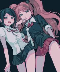 Rule 34 | 2girls, :d, arm behind back, bear hair ornament, black necktie, blush, bow, breasts, brown hair, closed mouth, danganronpa: trigger happy havoc, danganronpa (series), enoshima junko, freckles, green background, green eyes, green hair, green shirt, green skirt, hair ornament, highres, ikusaba mukuro, large breasts, miniskirt, multiple girls, nail polish, neck ribbon, necktie, open mouth, pisapipi, pleated skirt, red bow, red ribbon, red skirt, ribbon, shirt, siblings, simple background, sisters, skirt, smile, sweat, twintails, two-tone necktie, white necktie
