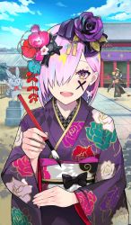 Rule 34 | 2girls, :d, alternate hairstyle, black kimono, blonde hair, craft essence (fate), double bun, fate/grand order, fate (series), floral print, flower, fou (fate), hair bun, hair flower, hair ornament, hair over one eye, holding, holding paintbrush, horns, ibaraki douji (fate), ibaraki douji (sign of smiling face) (fate), japanese clothes, kimono, lam (ramdayo), looking at viewer, marking on cheek, mash kyrielight, mash kyrielight (sign of smiling face), multicolored eyes, multicolored hair, multiple girls, official alternate costume, open mouth, paintbrush, print kimono, purple eyes, purple flower, purple hair, purple kimono, purple rose, rose, short hair, sign of smiling face, smile, statue, yellow eyes, yukata