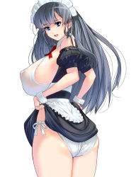 Rule 34 | 1girl, apron, ass, bare shoulders, black hair, blue eyes, breasts, clothes lift, dress, dress lift, female focus, flashing, from behind, highres, huge breasts, kouno (masao), long hair, looking at viewer, looking back, maid, maid headdress, nipples, no bra, open mouth, original, panties, puffy nipples, see-through, side-tie panties, sideboob, simple background, skirt, skirt lift, solo, standing, thighs, underwear, waist apron, white background, white panties