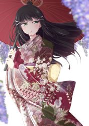 Rule 34 | 1girl, :o, back bow, black hair, blurry, blush, bow, chiro (bocchiropafe), commentary request, depth of field, floral print, flower, green eyes, hair ornament, hairclip, highres, holding, holding umbrella, japanese clothes, kimono, kurosawa dia, light blush, long hair, long sleeves, love live!, love live! school idol festival, love live! sunshine!!, mole, mole under mouth, oil-paper umbrella, purple flower, sash, solo, umbrella, wide sleeves, wisteria