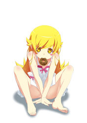 Rule 34 | 1girl, bakemonogatari, bare shoulders, barefoot, between legs, blonde hair, blush stickers, body blush, covering privates, covering crotch, doughnut, dress, eating, fang, feet, food, full body, hand between legs, highres, long hair, long legs, looking at viewer, monogatari (series), mouth hold, no panties, oshino shinobu, pointy ears, ribbon, shadow, simple background, sitting, solo, tanabe kyou, toes, translucent hair, white background, yellow eyes