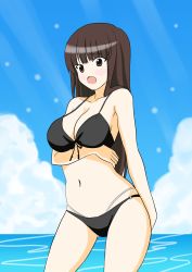 Rule 34 | 1girl, absurdres, bikini, black eyes, black hair, blue sky, blunt bangs, blush, breast hold, breasts, cleavage, cloud, cloudy sky, commentary request, day, front-tie bikini top, front-tie top, frown, girls und panzer, highres, hokahoka niisan, horizon, large breasts, long hair, looking at viewer, multi-strapped bikini, navel, nishizumi shiho, o-ring, o-ring bikini, ocean, open mouth, outdoors, sky, solo, standing, straight hair, swimsuit