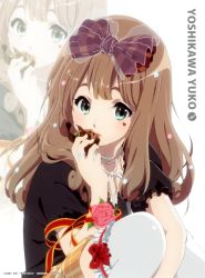 Rule 34 | 10s, 1girl, black shirt, blouse, bow, brown bow, brown hair, character name, choker, collarbone, flower, frilled thighhighs, frills, green eyes, hair bow, heart, hibike! euphonium, highres, holding, ikeda shouko, long hair, looking at viewer, official art, pink flower, ribbon, ribbon choker, shirt, short sleeves, simple background, sitting, solo, thighhighs, white background, white ribbon, white thighhighs, yoshikawa yuuko, zoom layer
