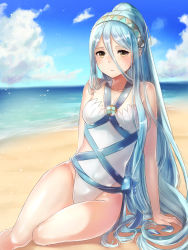 Rule 34 | 1girl, adapted costume, arm support, azura (fire emblem), beach, blue hair, blue sky, blush, breasts, cloud, collarbone, day, expressionless, fire emblem, fire emblem fates, hairband, haru (nakajou-28), highleg, highleg swimsuit, light blush, long hair, looking at viewer, medium breasts, nintendo, ocean, one-piece swimsuit, ponytail, sitting, sky, solo, swimsuit, very long hair, yellow eyes