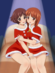 Rule 34 | 2girls, akiyama yukari, alternate costume, armchair, bell, blush, brown eyes, brown hair, capelet, chair, cheek-to-cheek, commentary request, doutanuki, dress, fur-trimmed capelet, fur-trimmed dress, fur-trimmed shirt, fur-trimmed skirt, fur trim, girls und panzer, heads together, highres, hug, looking at viewer, messy hair, midriff, miniskirt, multiple girls, navel, neck bell, nishizumi miho, on chair, open mouth, partial commentary, red capelet, red shirt, red skirt, santa costume, santa dress, shirt, short dress, short hair, short sleeves, side-by-side, skirt, smile