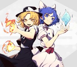 Rule 34 | 2girls, bad id, bad twitter id, black hat, blonde hair, blue eyes, blue hair, bow, character name, cryokinesis, fire, hair bow, hat, hat bow, ice, kuzudon, looking at viewer, mai (touhou), medium hair, multiple girls, open mouth, parted bangs, puffy short sleeves, puffy sleeves, pyrokinesis, red ribbon, ribbon, short sleeves, skirt, skirt set, smile, touhou, touhou (pc-98), wavy hair, white bow, yellow eyes, yuki (touhou)