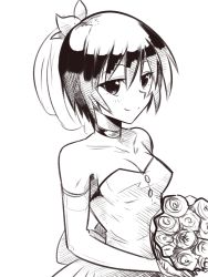 Rule 34 | 1girl, bare shoulders, boa (brianoa), bouquet, breasts, brown theme, character request, cleavage, dress, elbow gloves, flower, gloves, greyscale, hair ornament, looking at viewer, monochrome, short hair, smile, solo, wedding dress, white background