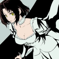 Rule 34 | 1girl, baccano!, bad id, bad pixiv id, black hair, breasts, chane laforet, cleavage, commentary request, dress, juliet sleeves, long sleeves, medium breasts, oto nagi, puffy sleeves, short hair, sidelocks, solo, white dress, yellow eyes