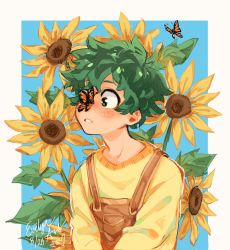 Rule 34 | boku no hero academia, bug, butterfly, butterfly on head, commentary, dungarees, english commentary, evelyn art 05, flower, freckles, green eyes, green hair, heart, highres, insect, long sleeves, midoriya izuku, shirt, signature, solo, sunflower, yellow shirt