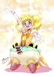 Rule 34 | 1futa, bar censor, blonde hair, blunt bangs, blush, bow, censored, choker, collarbone, commentary request, cure sparkle, dated, earrings, erection, futanari, gloves, green eyes, hair ornament, healin&#039; good precure, heart, heart hair ornament, highres, hiramitsu hinata, jewelry, katou jun, kneeling, long hair, looking at viewer, magical girl, open mouth, outstretched arms, precum, precure, shadow, sidelocks, sleeveless, smile, solo, tareme, translation request, twintails, white background, white gloves, yellow background