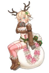 Rule 34 | 1girl, animal ears, antlers, aqua eyes, blonde hair, boots, breasts, character request, cleavage, clover, clover hair ornament, covering own mouth, four-leaf clover, full body, hair between eyes, hair ornament, highres, himeou to saigo no kishidan, horns, knife, long sleeves, looking at viewer, navel, sack, shoe-ji, short hair, sitting, sleeves past wrists, solo, thighhighs, transparent background, white background