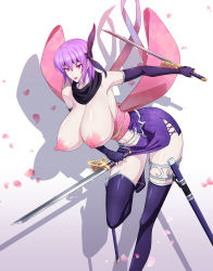 Rule 34 | 1girl, absurdres, ayane (doa), bow, breasts, cleavage, dead or alive, dual wielding, fingerless gloves, gloves, headband, highres, holding, huge breasts, large bow, lipstick, makeup, ninja, ninja gaiden, no bra, open mouth, purple hair, scarf, short hair, sleeveless, static808wave, sword, thighhighs, wakizashi, weapon