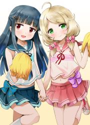 Rule 34 | 2girls, ahoge, blonde hair, blue bow, blue bowtie, blue hair, blue sailor collar, blue skirt, blunt bangs, blush, bow, bowtie, cat hair ornament, cheerleader, child, collarbone, dot nose, flat chest, gradient background, green eyes, hair bow, hair ornament, hairclip, hand up, highres, holding hands, idolmaster, idolmaster cinderella girls, interlocked fingers, leg up, legs, long hair, looking at viewer, low twintails, michii yuuki, multiple girls, navel, open mouth, pink bow, pink footwear, pink sailor collar, pink shirt, pink skirt, pink socks, pleated skirt, pom pom (cheerleading), red bow, red bowtie, red eyes, sailor collar, sajo yukimi, shirt, shoes, short hair, sidelocks, skirt, sleeveless, sleeveless shirt, smile, sneakers, socks, thighs, twintails, waist bow, wavy hair, white shirt, white socks, yellow pom poms, yusa kozue
